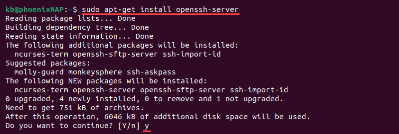 sudo apt-get install openssh-server terminal output