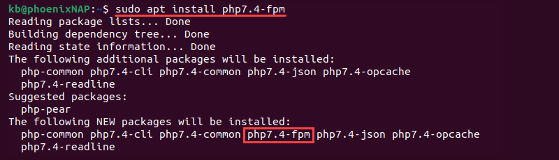 sudo apt install php7.4-fpm terminal output