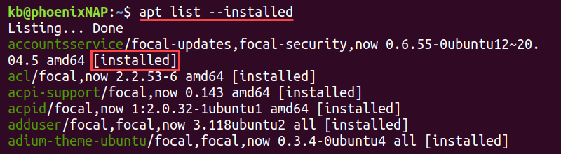 apt list installed terminal output
