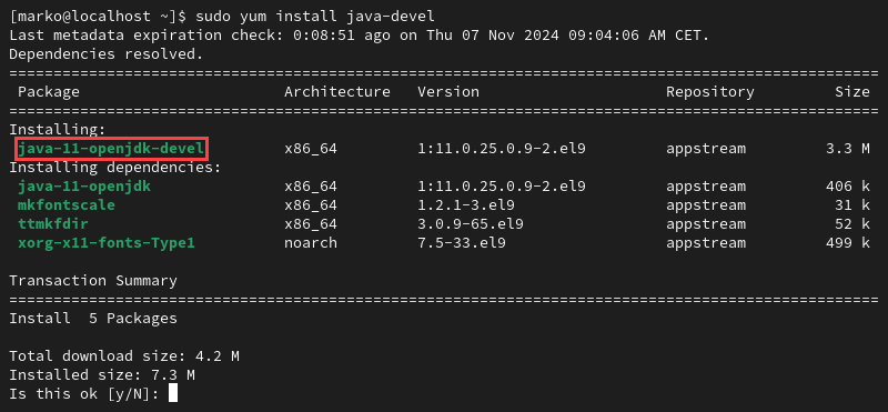 output displaying the JDK to be downloaded and installed.