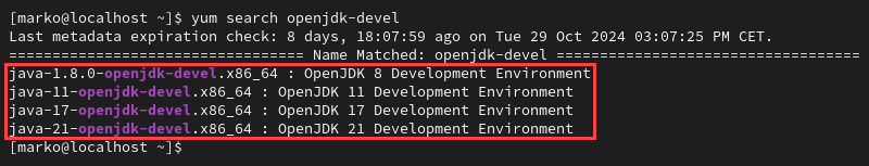 Different available versions of OpenJDK.