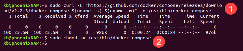 sudo curl -l docker-compose v2.2.3 terminal output