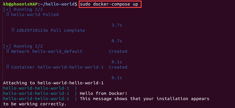 sudo docker-compose up terminal output success