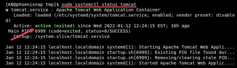 sudo systemctl status tomcat active terminal