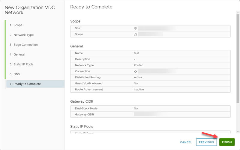 New VDC Network ready to complete Finish UI