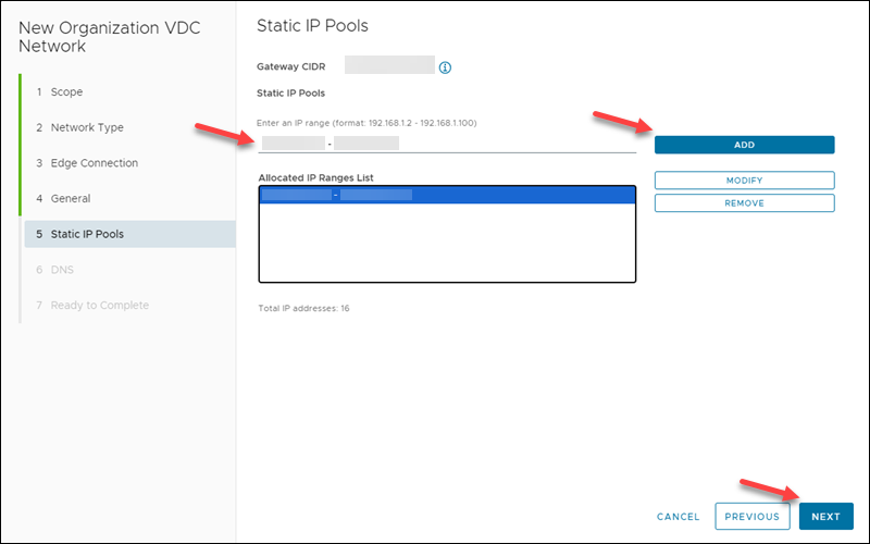 New VDC Network Static IP Pools UI