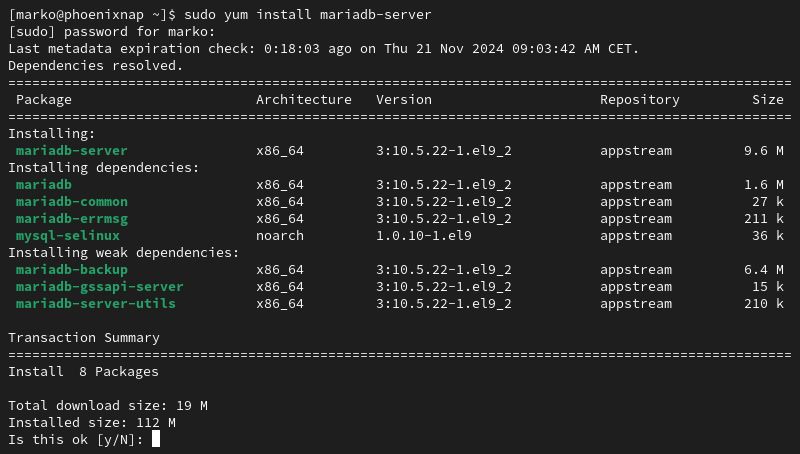 Installing MariaDB on CentOS or Rocky Linux from the YUM repository.