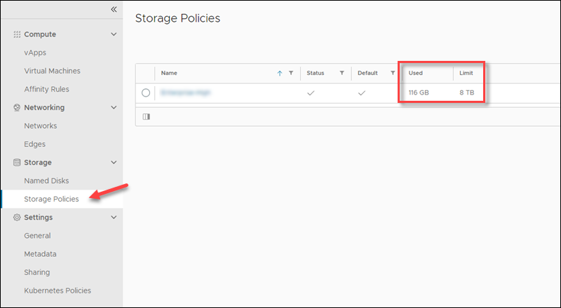 Storage policies used and limit UI