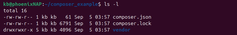 ls -l composer example composer json and lock files output