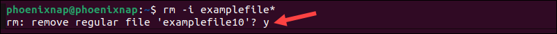A rm prompt asking for confirmation before a file is deleted in Linux.