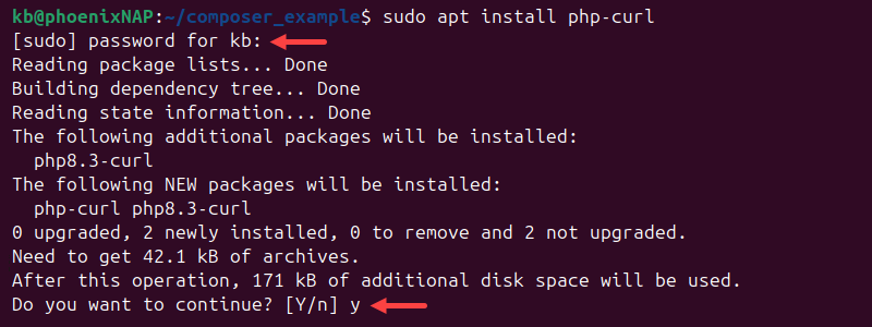 sudo apt install php-curl terminal output