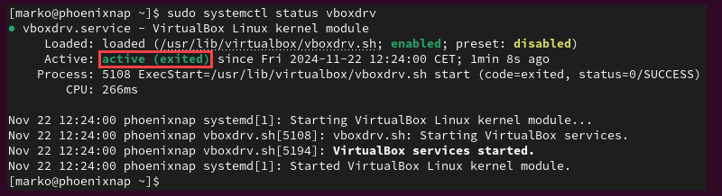 Image shows that VirtualBox Linux kernel module is active with date and time.