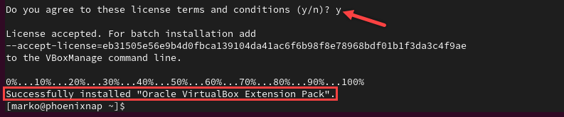 Confirmation that the extension pack is installed successfully.