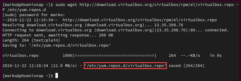 Confirmation of downloading and saving the virtualbox repository file.