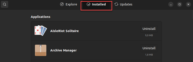 Ubuntu Software Center installed tab