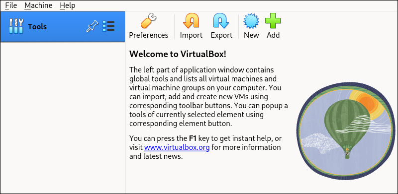 Oracle VM VirtualBox Manager welcome page.