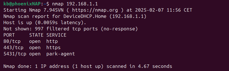 nmap 192.168.1.1 terminal output