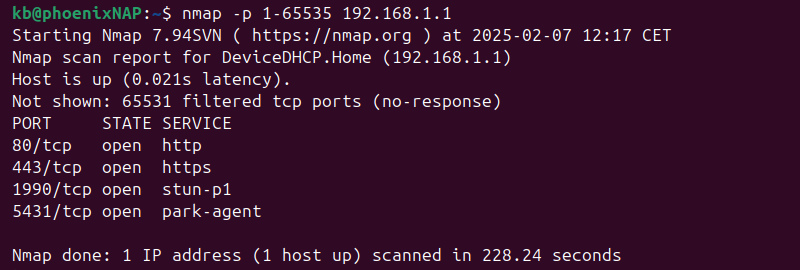 nmap -p 1-65535 192.168.1.1 terminal output