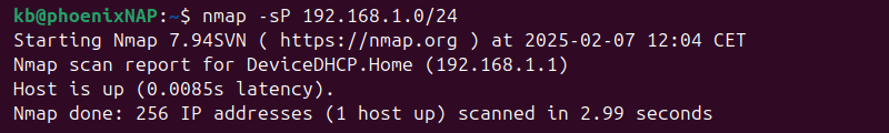 nmap -sP 192.168.1.0 subnet slash 24 terminal output