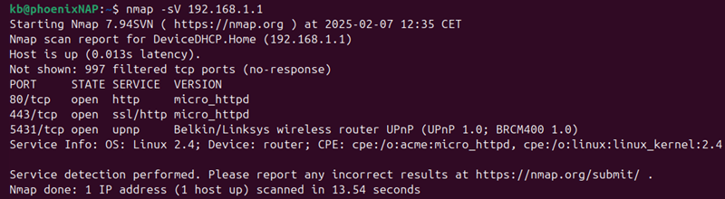 nmap -sV 192.168.1.1 terminal output