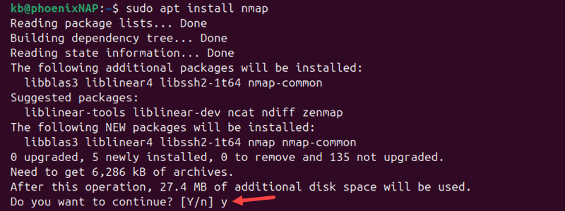 sudo apt install nmap continue y terminal output