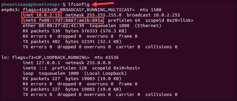 The ifconfig command in Linux displaying IP address information.
