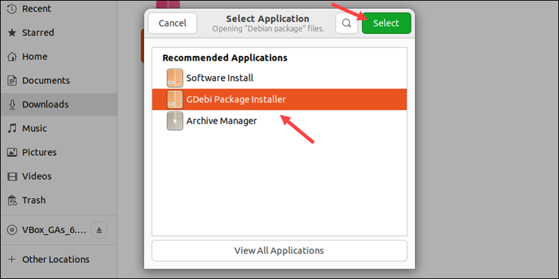 GDebi select installer menu