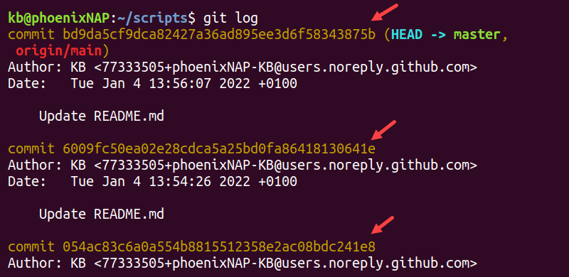 git log commit hashes