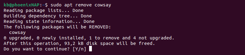 sudo apt remove package terminal output
