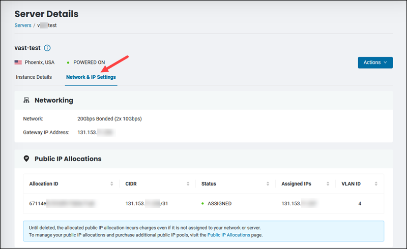 Network & IP Settings tab in the server details screen.