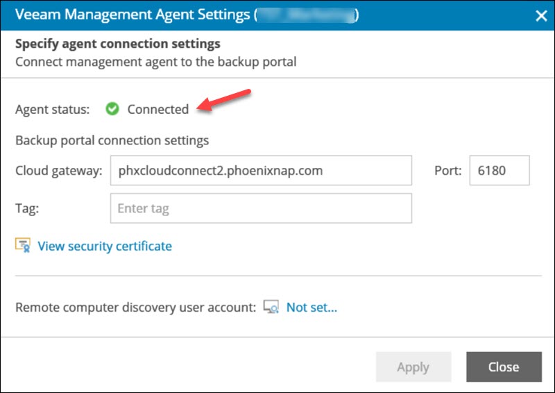 Veeam Management Agent connection configuration window
