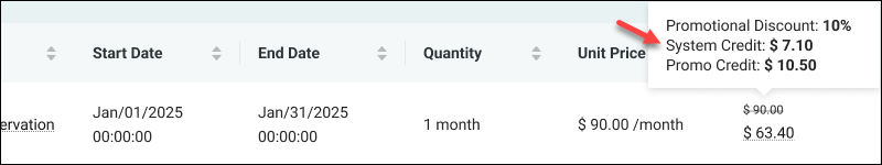 Billing and usage system credit adjusted price