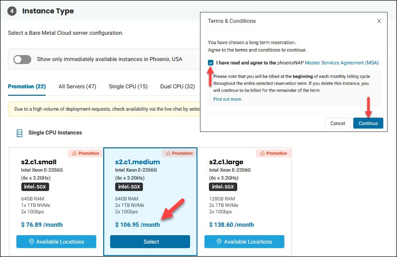 Terms and conditions box for BMC server reservations.