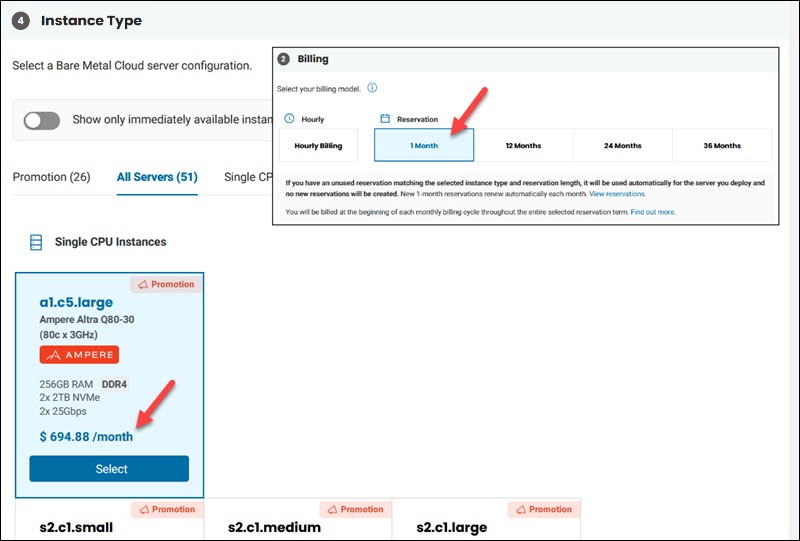 BMC server monthly billing selection
