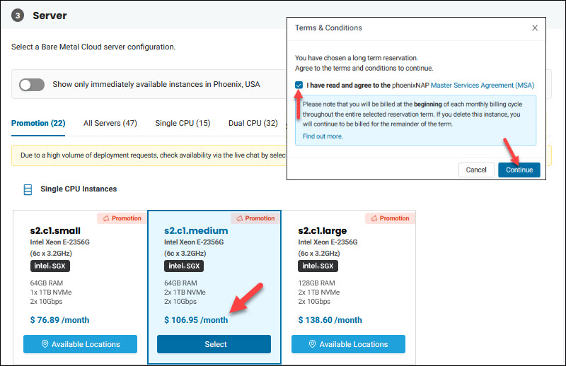 Terms and conditions box for BMC server reservations.