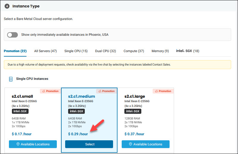 BMC server selection for hourly billing