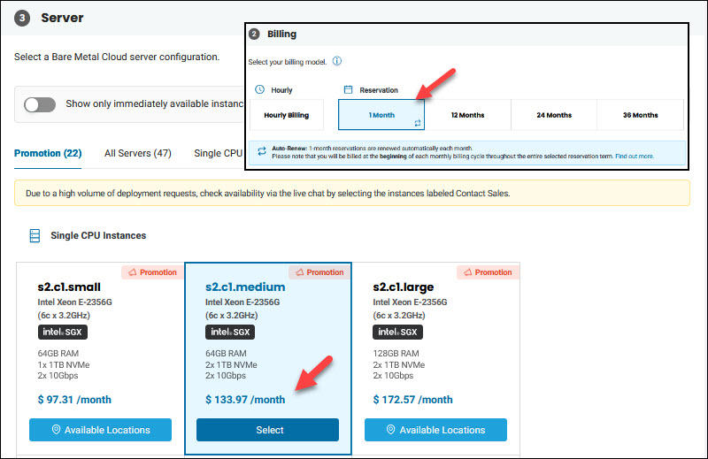 BMC server monthly billing selection
