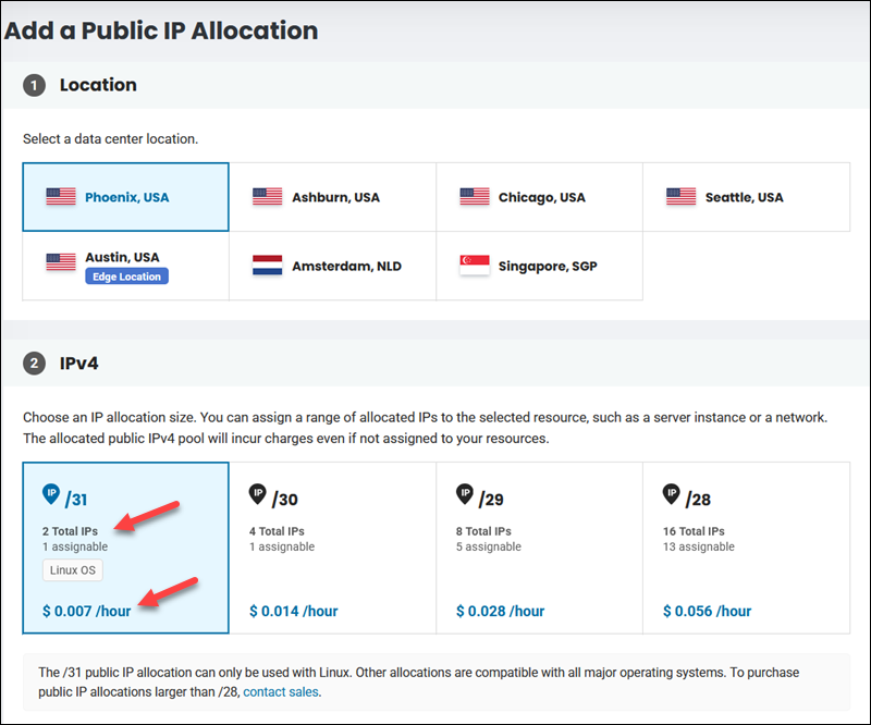 Public IP allocation IPs and price