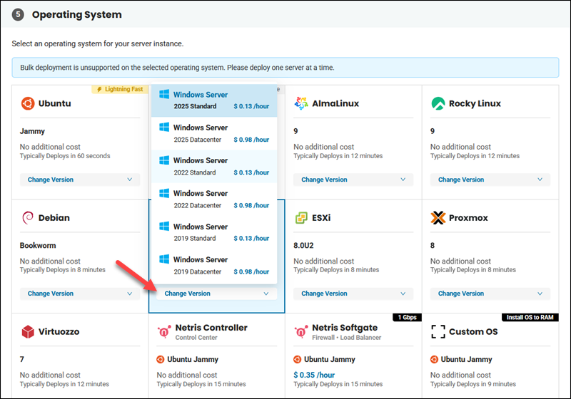 BMC Windows Server OS selection step in the portal.
