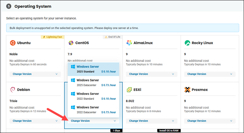 BMC Windows Server OS selection step in the portal.