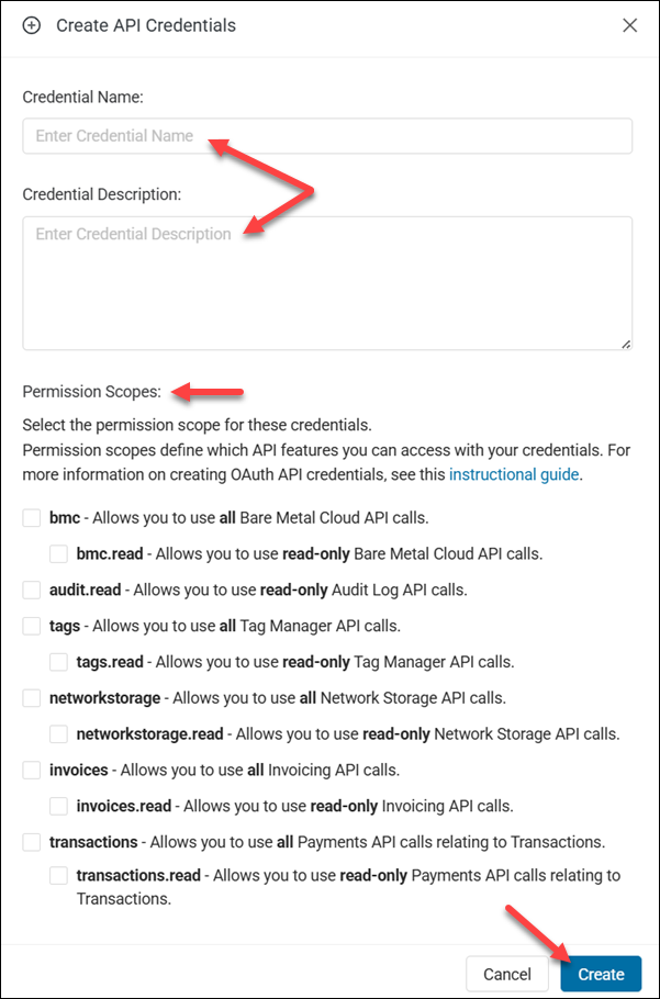 Create API credentials dialogue box.