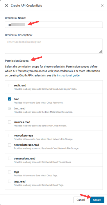 Create API credentials dialogue box.