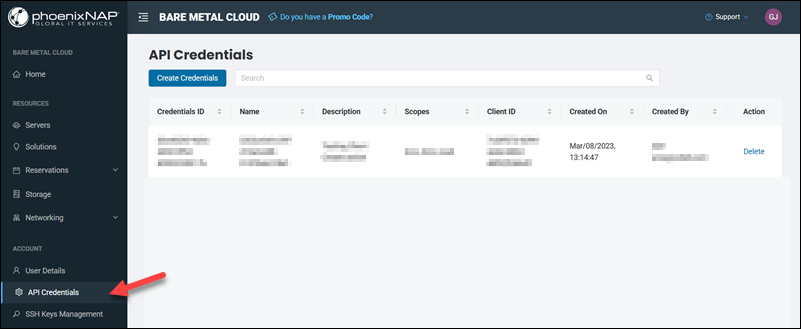 BMC API credentials page