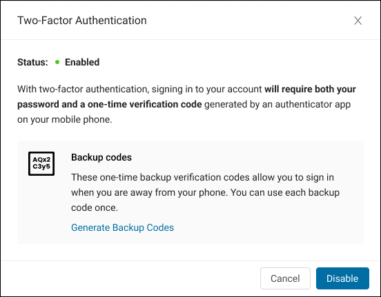 Bare Metal Cloud 2FA enabled generate backup codes