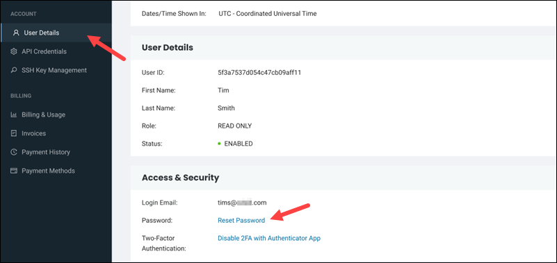 Bare Metal Cloud account user details page reset password link