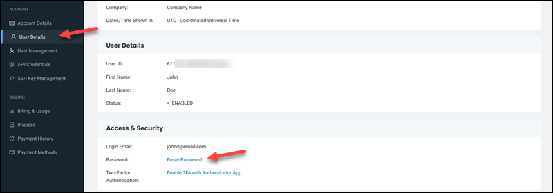 Bare Metal Cloud account user details page reset password link