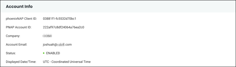 Bare Metal Cloud portal Account Details page Account Info
