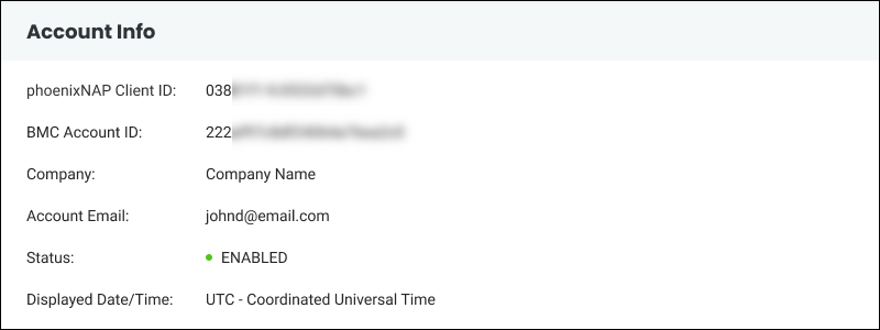 Bare Metal Cloud portal Account Details page Account Info