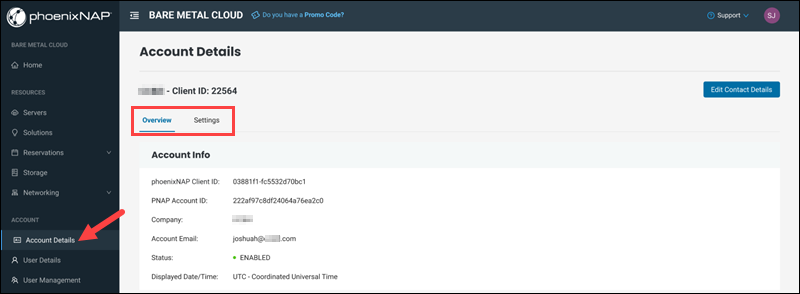 Bare Metal Cloud portal Account Details page tabs