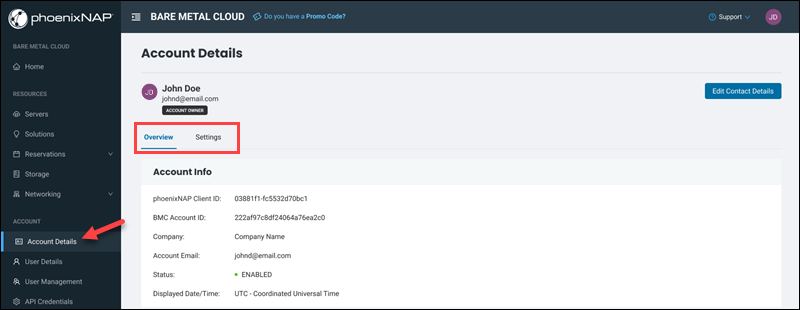 Bare Metal Cloud portal Account Details page tabs
